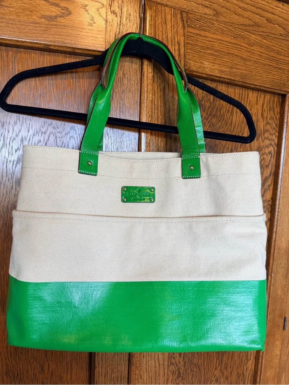 kate spade Green and Cream Canvas Tote with Shiny Green Trim